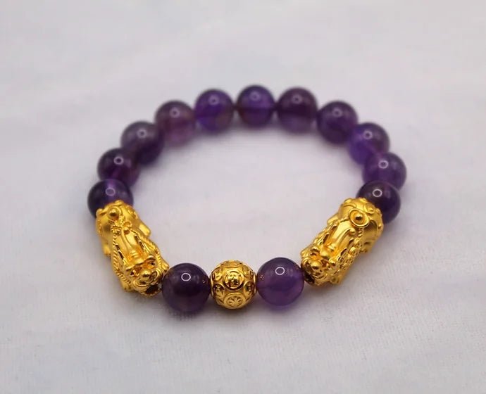 Pure 24k 999 Amethyst Beaded Bracelet - Meilingbling24k Jewelry