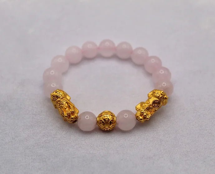 Pure 24k 999 Rose Quartz Beaded Bracelet - Meilingbling24k Jewelry