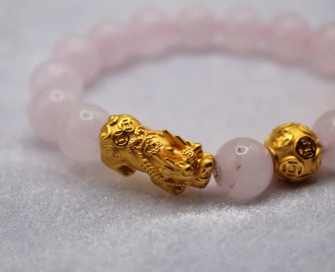 Pure 24k 999 Rose Quartz Beaded Bracelet - Meilingbling24k Jewelry